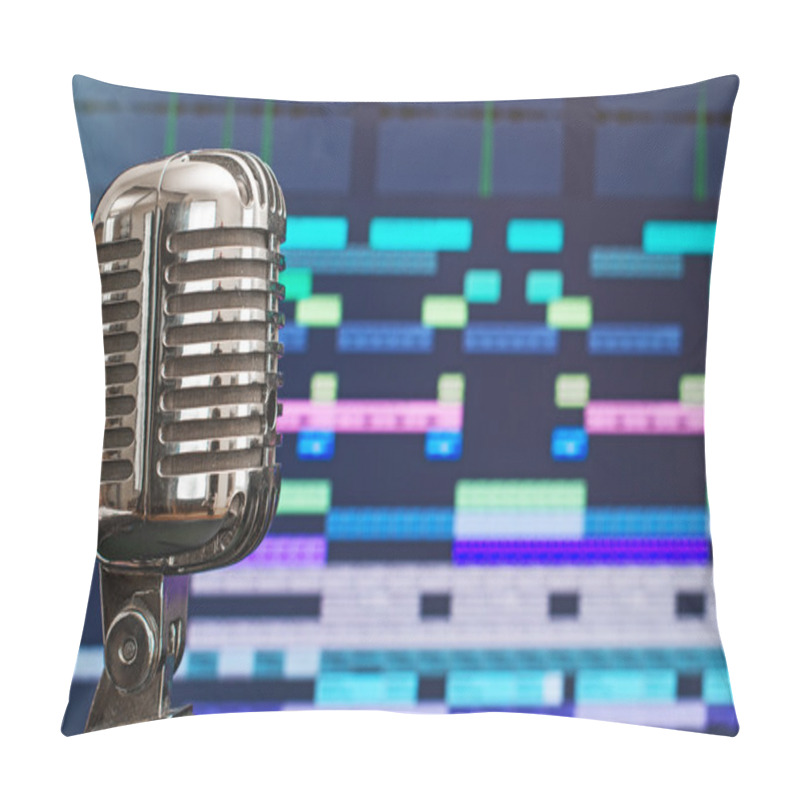 Personality  Retro Microphone Over Recording Software Background. Pillow Covers