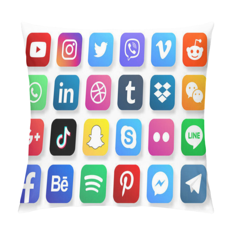 Personality  MAGELANG, INDONESIA - MAY 25, 2021: Set Popular Social Media Icons. Facebook, Instagram, Twitter, Youtube, Pinterest, Behance, Google Plus, Linkedin, Whatsapp, Snapchat, Tiktok, Tumblr, Spotify, Dropbox And Many More. Editorial Vector Pillow Covers