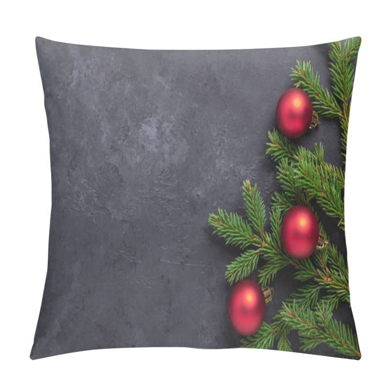 Personality  Christmas Background With Fir Tree, Holly And Red Balls On Dark Stone Background. Top View Copy Space - Image Pillow Covers