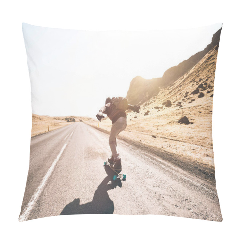 Personality  Skater Traveling Iceland On His Longboard Pillow Covers