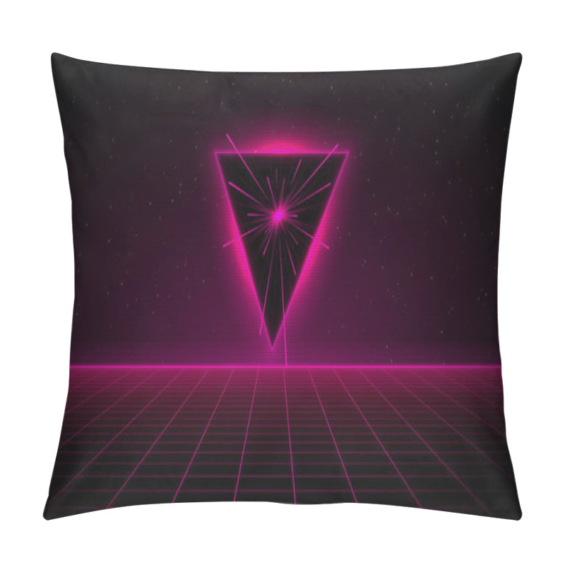 Personality  Retrowave Synthwave Vaporwave Pink Cyber Laser Grid With Blue Glowing Triangle Portal With Speed Rays In Starry Space. VHS Effect. Eps 10 Pillow Covers