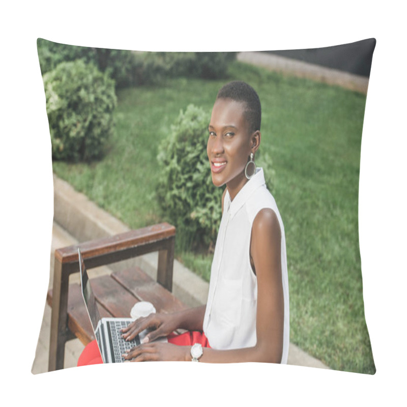 Personality  Cheerful Stylish Attractive African American Businesswoman Using Laptop On Bench On Street Pillow Covers