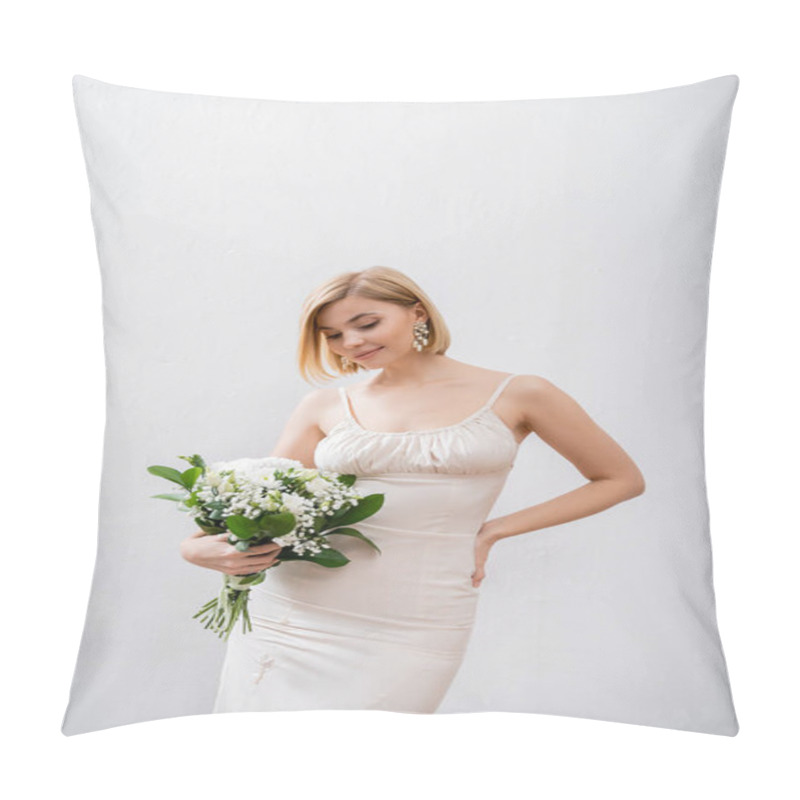 Personality  Happy And Blonde Bride In Wedding Dress Holding Bouquet On Grey Background, White Flowers, Bridal Accessories, Happiness, Special Occasion,   Beautiful, Feminine, Blissful  Pillow Covers