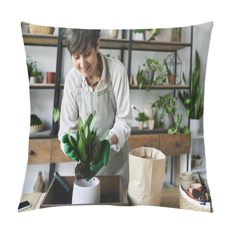 Personality  A Gardener Joyfully Cares For Her Green Plants Indoors. Pillow Covers