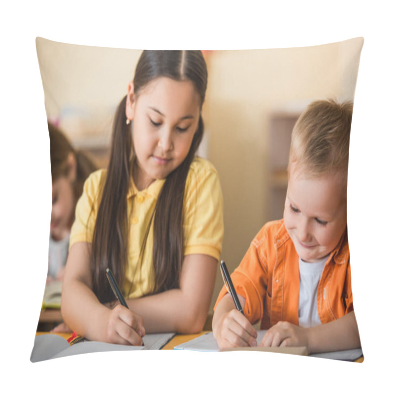 Personality  Multiethnic Children Writing In Copy Books During Lesson In Montessori School Pillow Covers