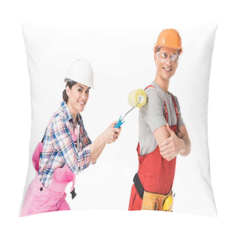 Personality  Woman Construction Worker Painting Man With Paint Roller Isolated On White Pillow Covers