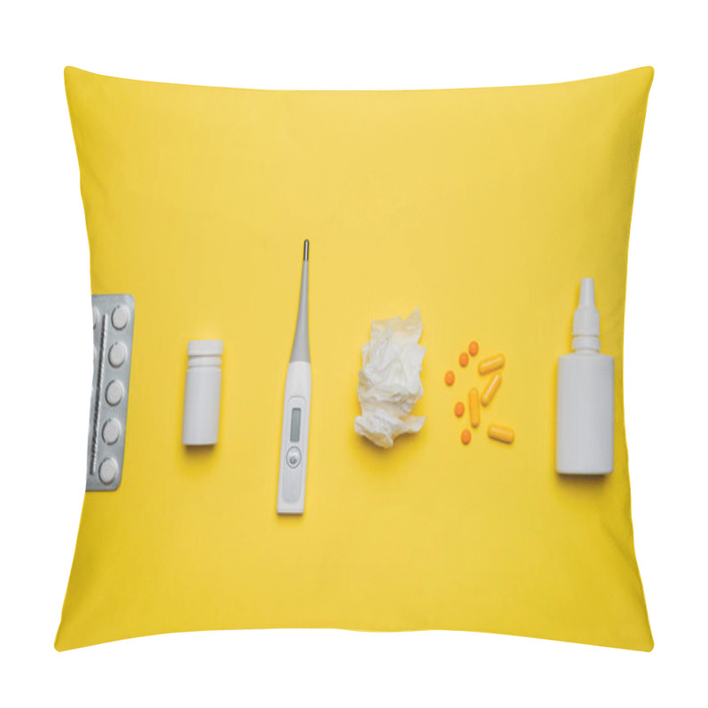 Personality  Pills, Medical Thermometer, Nose Spray And Tissue. Different Medications On Yellow Background. Cold And Flu Home Remedies. Disease Self-treatment Concept. Flat Lay. Top View With Blank Space For Text. Pillow Covers