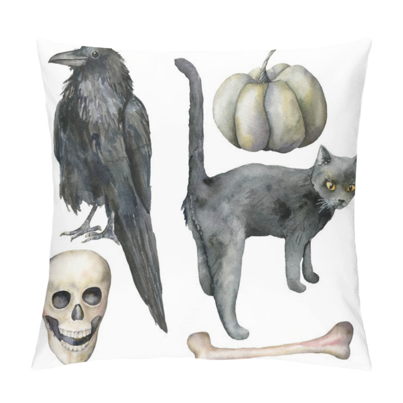 Personality  Watercolor Halloween Set With Crow And Cat. Hand Painted Holiday Set With Pumpkin, Scull And Bone Isolated On White Background. Illustration For Design, Print Or Background. Pillow Covers