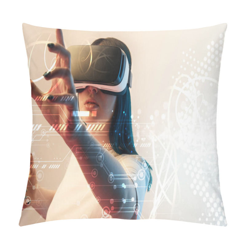 Personality  Young Woman In Virtual Reality Headset Gesturing With Hands Among Glowing Cyber Illustration On Beige Background Pillow Covers