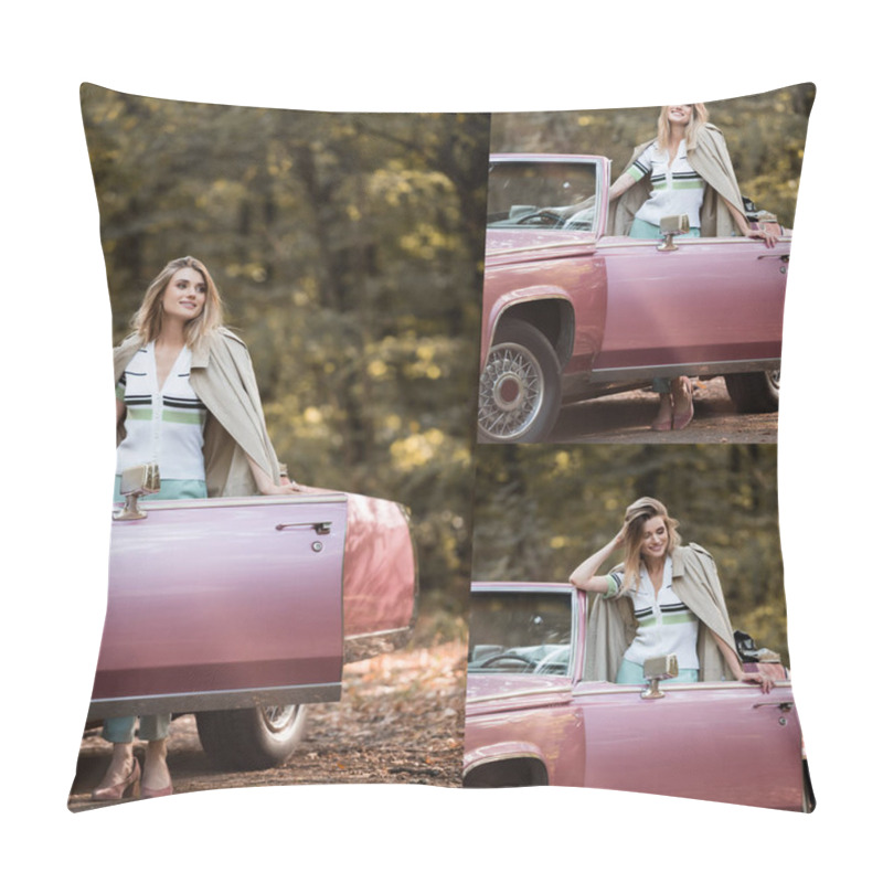 Personality  Collage Of Smiling Woman In Coat Standing Near Car On Road  Pillow Covers