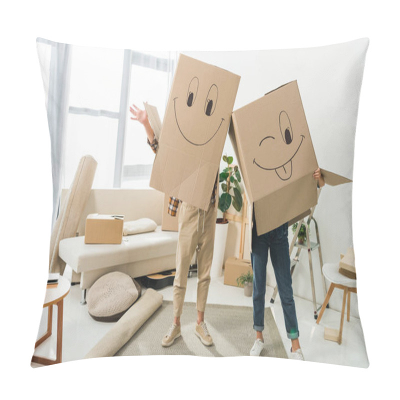 Personality  Obscured View Of Couple With Cardboard Boxes On Heads At New House, Moving Home Concept Pillow Covers