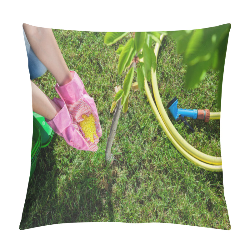 Personality  Woman Gardener Fertilizing Young Cherry Tree Pillow Covers