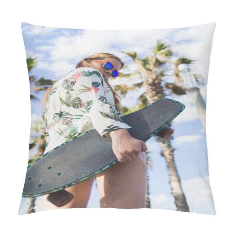 Personality  Trendy Woman Holding Her Longboard Pillow Covers