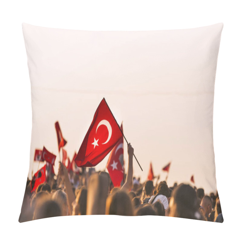 Personality  September 9 Independence Day Of Izmir. Crowded People In The Square Of Gundogdu And A Turkish Flag In Crowded People. Pillow Covers