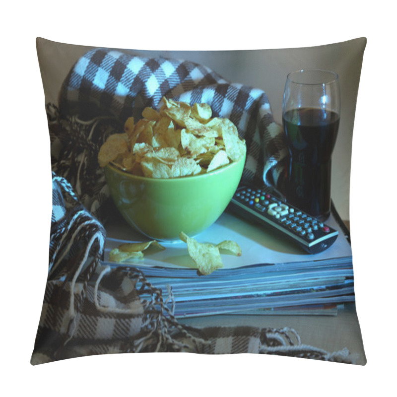 Personality  Chips In Bowl, Cola And TV Remote On Wooden Table On Room Background Pillow Covers