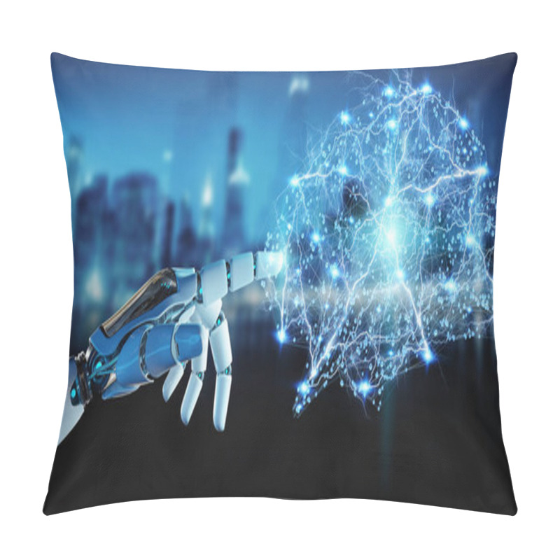 Personality  White Humanoid Hand On Blurred Background Creating Artificial Intelligence 3D Rendering Pillow Covers