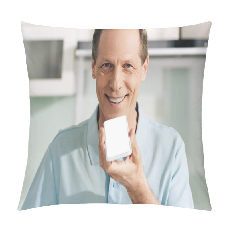 Personality  Happy Man Holding Smartphone With White Screen While Recording Voice Message  Pillow Covers