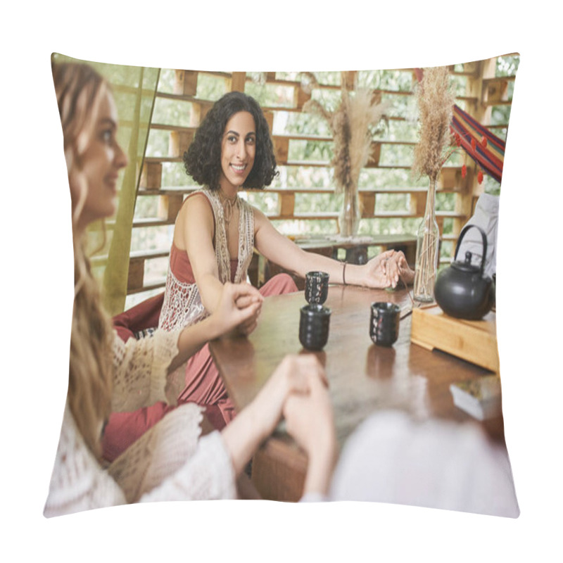 Personality  Happy Multiracial Woman Holding Hands And Meditating With Girlfriends Near Tea On Wooden Table Pillow Covers