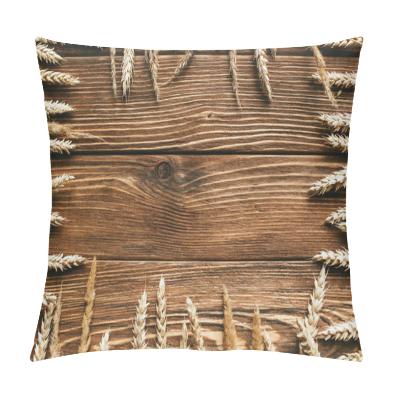 Personality  Top View Of Wheat Ears Frame On Wooden Background Pillow Covers