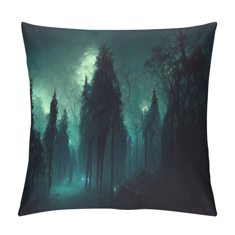 Personality  Realistic Haunted Forest Creepy Landscape At Night. Fantasy Halloween Forest Background. Surreal Mysterious Atmospheric Woods Design Backdrop. Digital Art. Pillow Covers