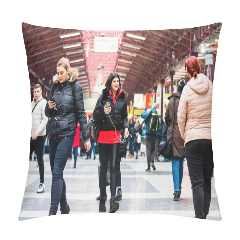 Personality  Travelers And Commuters Waiting For A Train On The Train Platform Of Bucharest North Railway Station (Gara De Nord Bucharest) In Bucharest, Romania, 2022 Pillow Covers