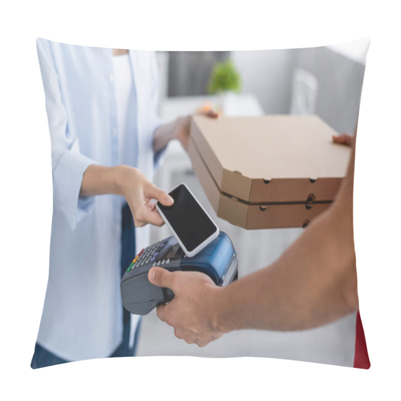 Personality  Cropped View Of Delivery Man Holding Payment Terminal And Pizza Boxes Near Woman With Mobile Phone Pillow Covers