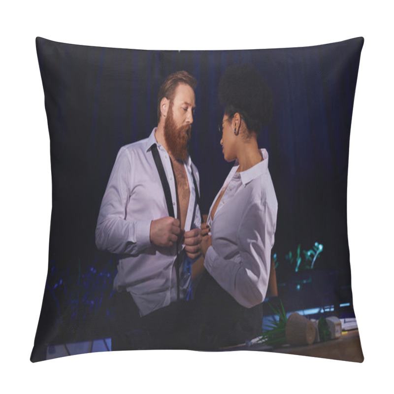 Personality  African American Secretary And Bearded Businessman Undressing And Looking At Each Other In Office Pillow Covers