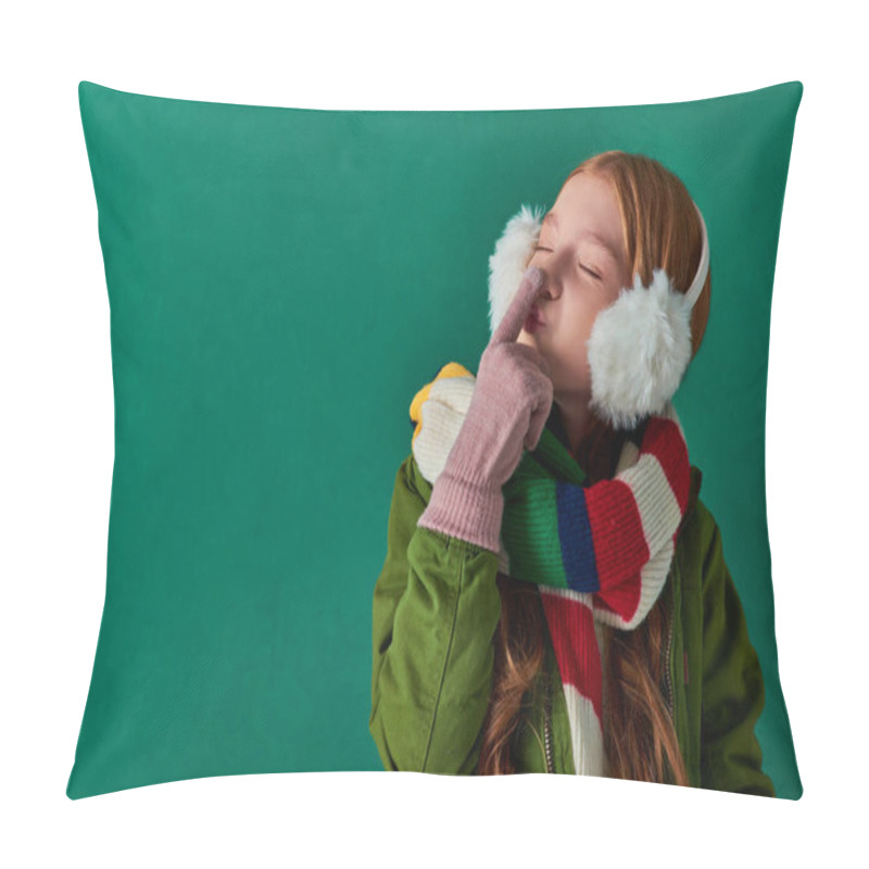 Personality  Playful Preteen Girl In Ear Muffs, Striped Scarf And Winter Outfit Touching Nose On Turquoise Pillow Covers