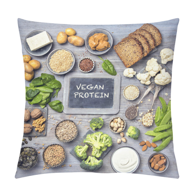 Personality  Vegan Protein Sources. Top View On A Grey Wooden Background Pillow Covers