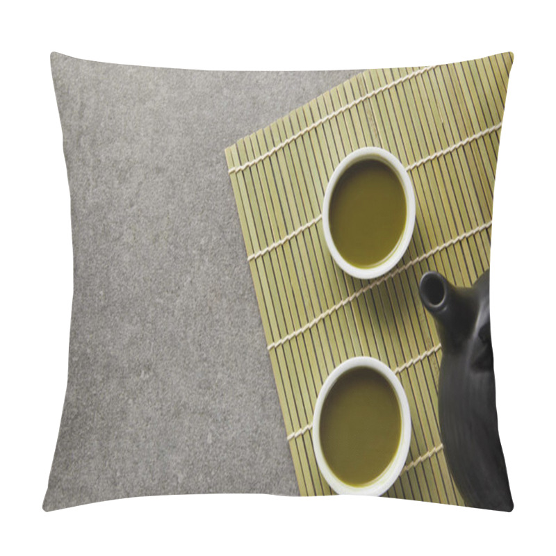 Personality  Top View Of White Cups With Green Matcha Tea Near Black Teapot On Bamboo Table Mat Pillow Covers