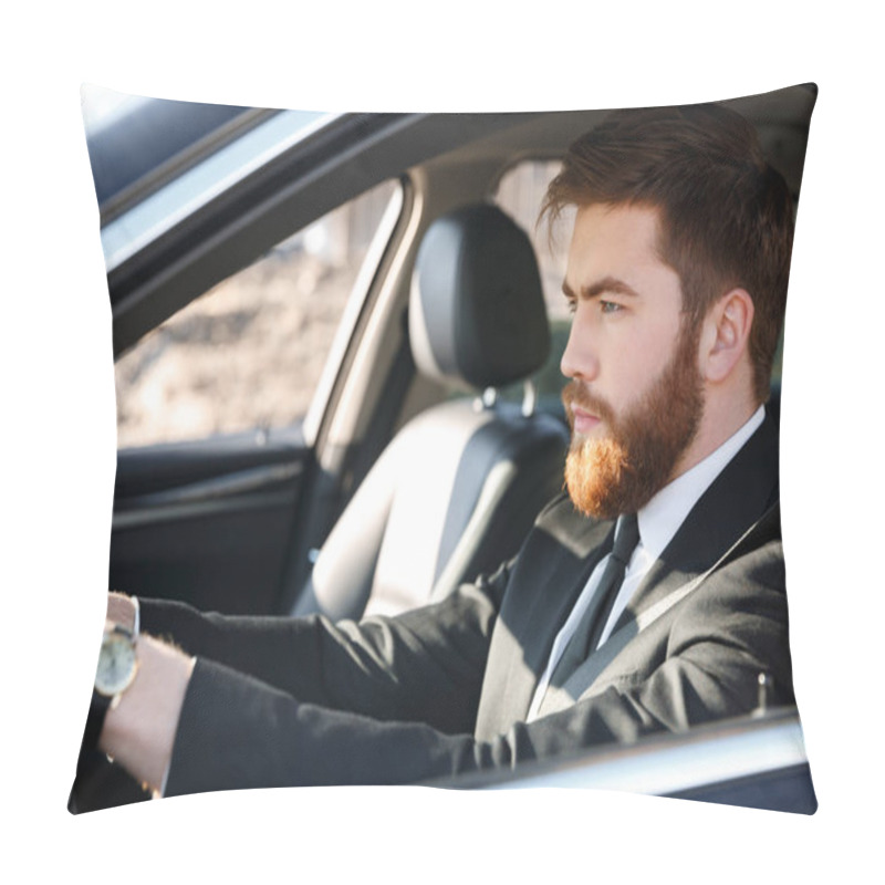 Personality  Close Up Portrait Of Serious Business Man Driving Car Pillow Covers