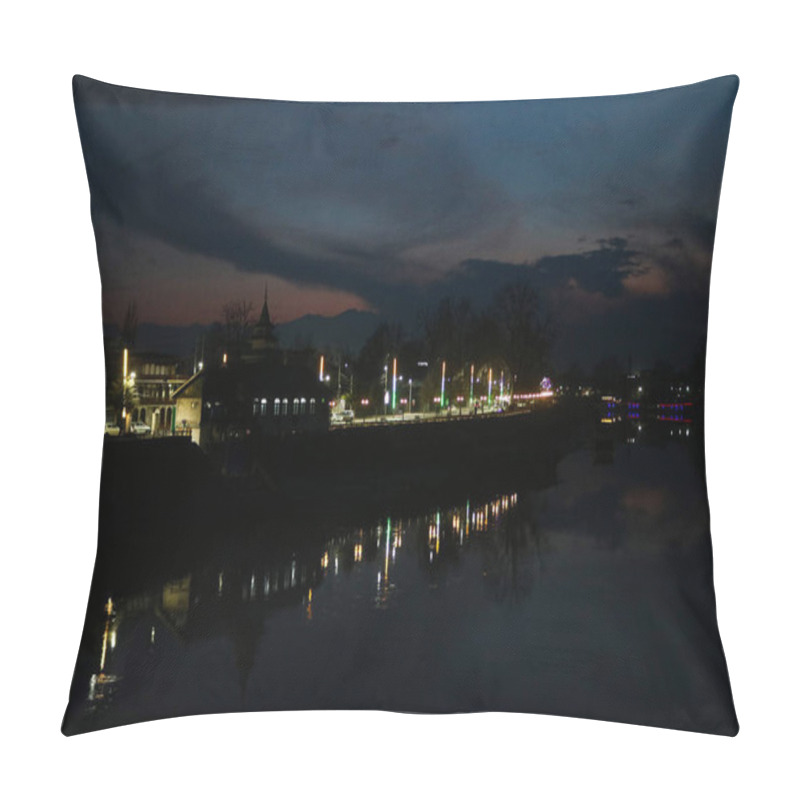 Personality  March 05, 2024, Srinagar, India : An Illuminated Bridge Is Seen Across The Jhelum River At Evening In Srinagar Pillow Covers