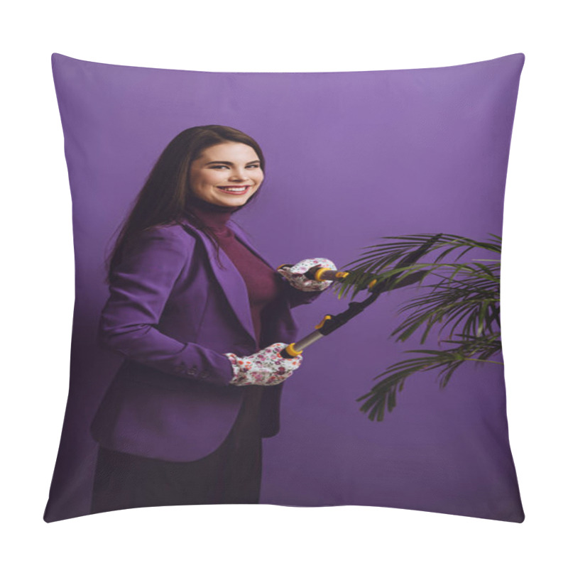 Personality  Happy Young Woman Cutting Plant With Gardening Scissors On Purple Background Pillow Covers