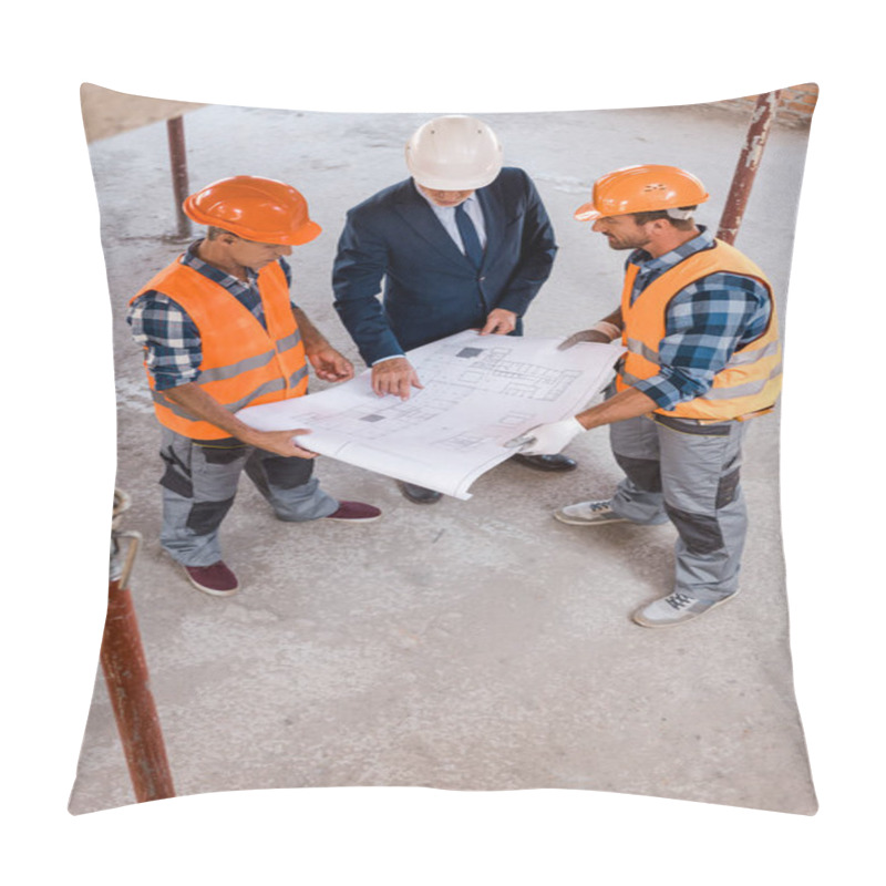 Personality  Overhead View Of Constructors And Businessman Holding Blueprint  Pillow Covers