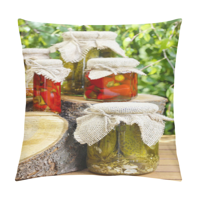 Personality  Jars of preserves on wooden table in the garden pillow covers