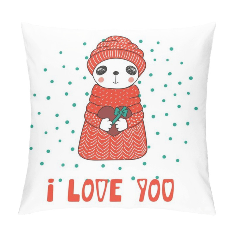 Personality  Hand Drawn Vector Illustration Of Cute Funny Cartoon Panda In Sweater Holding Chocolate Heart, Valentines Day Concept     Pillow Covers