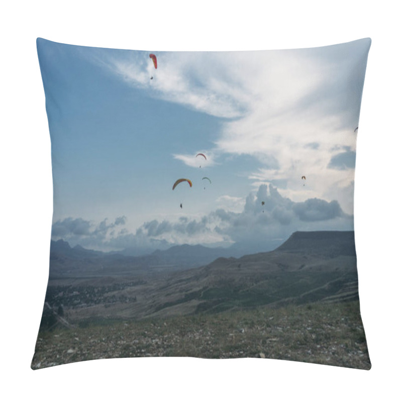 Personality  Parachutists Gliding In Blue Sky Over Scenic Landscape Of Crimea, Ukraine, May 2013 Pillow Covers