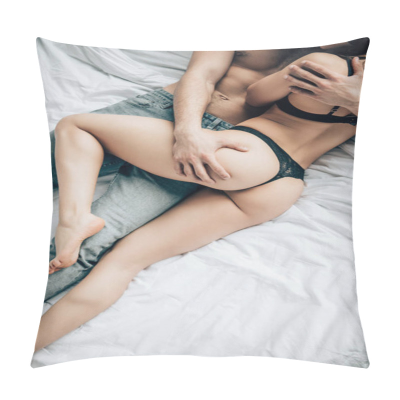 Personality  Cropped View Of Man Touching Woman In Black Underwear While Lying On Bed  Pillow Covers