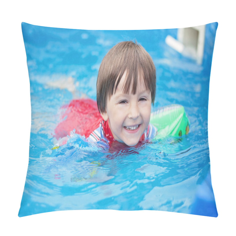 Personality  Sweet Little Boy, Swimming In Big Swimming Pool Pillow Covers