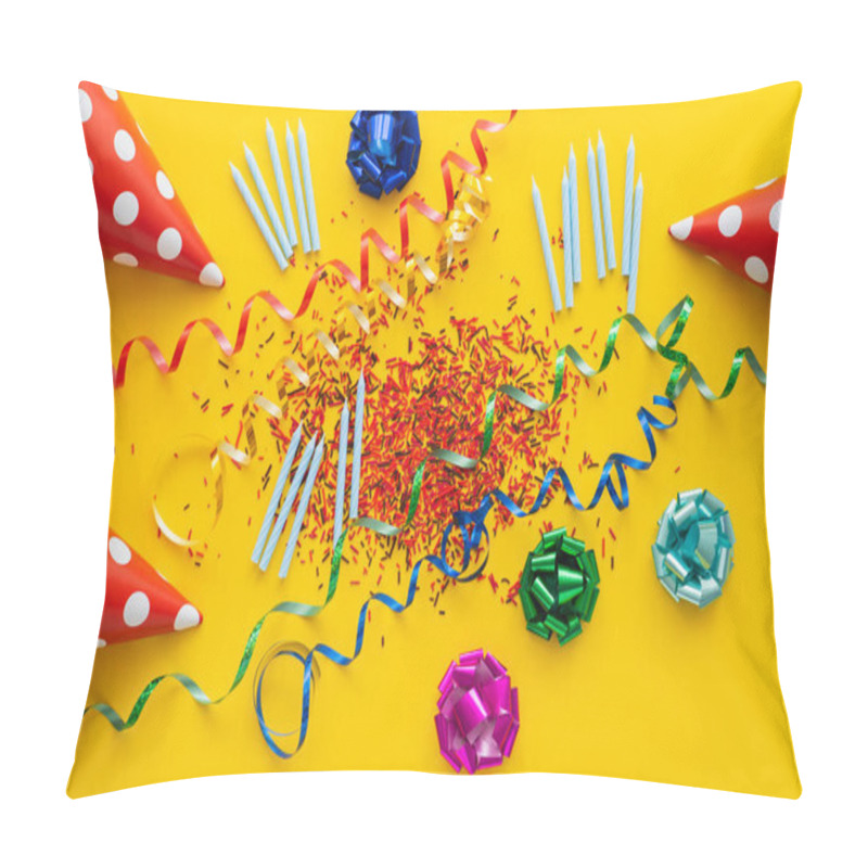 Personality  Top View Of Festive Candles Near Gift Bows And Sprinkles On Yellow Background  Pillow Covers