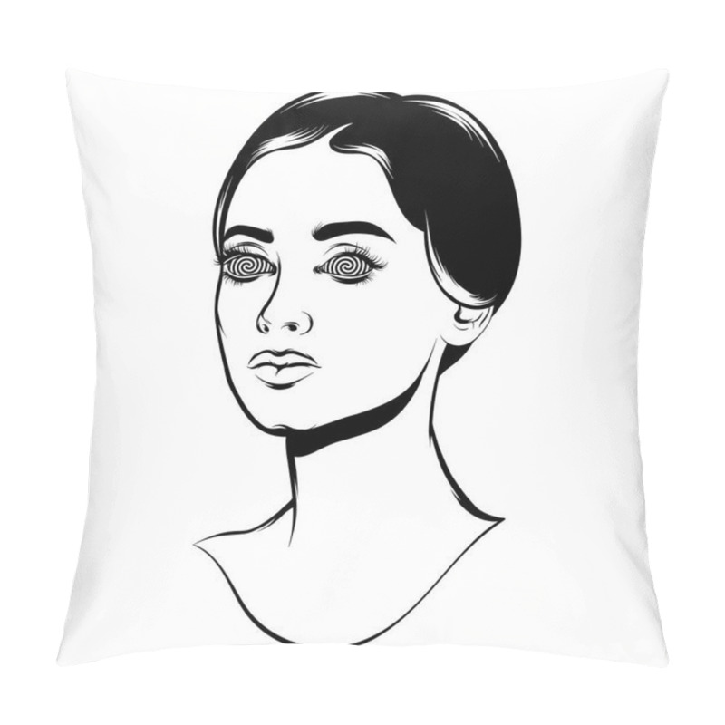 Personality  Vector Hand Drawn Illustration Of Girl With Spirals In Her Eyes. Creative Tattoo  Artwork. Template For Card, Poster, Banner, Print For T-shirt, Pin, Badge, Patch. Pillow Covers