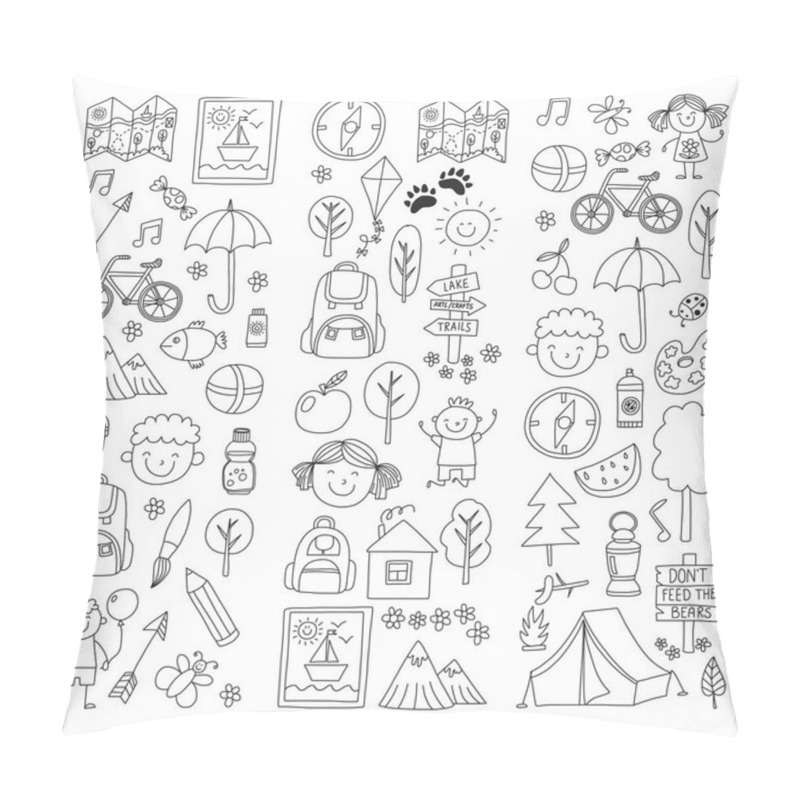 Personality  Summer Camp Children, Kids Camping Children Plays, Hiking, Singing, Fishing, Walking, Drawing, Having Fun After School Summer Advetures Pillow Covers