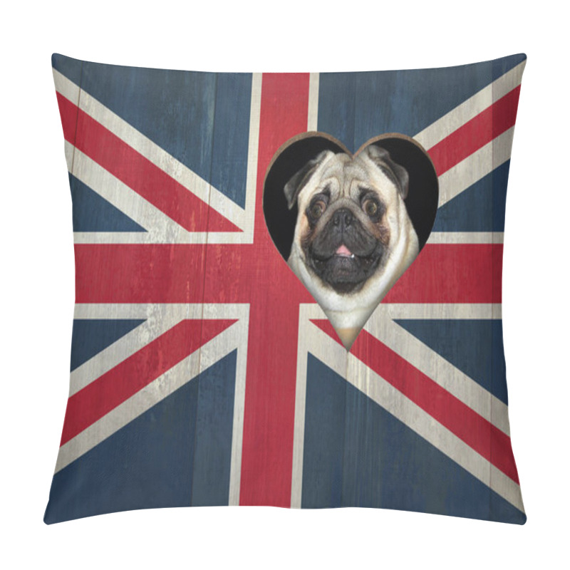 Personality  A Pug Dog Looks Through A Heart Shaped Hole In The Wooden Fence Painted Like A Flag Of The UK. Pillow Covers