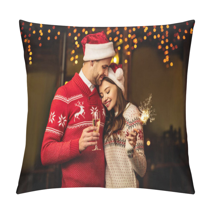 Personality  Smiling Man With Champagne Glass Embracing Happy Girlfriend Holding Sparkler Pillow Covers