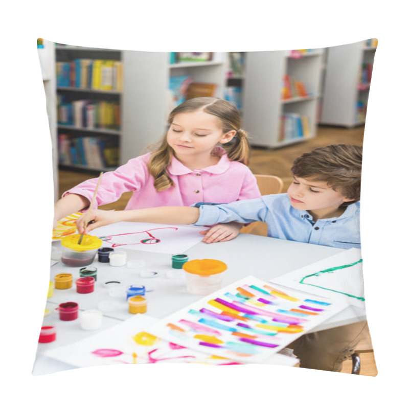 Personality  Selective Focus Of Cheerful Kids Holding Paintbrushes Near Papers  Pillow Covers