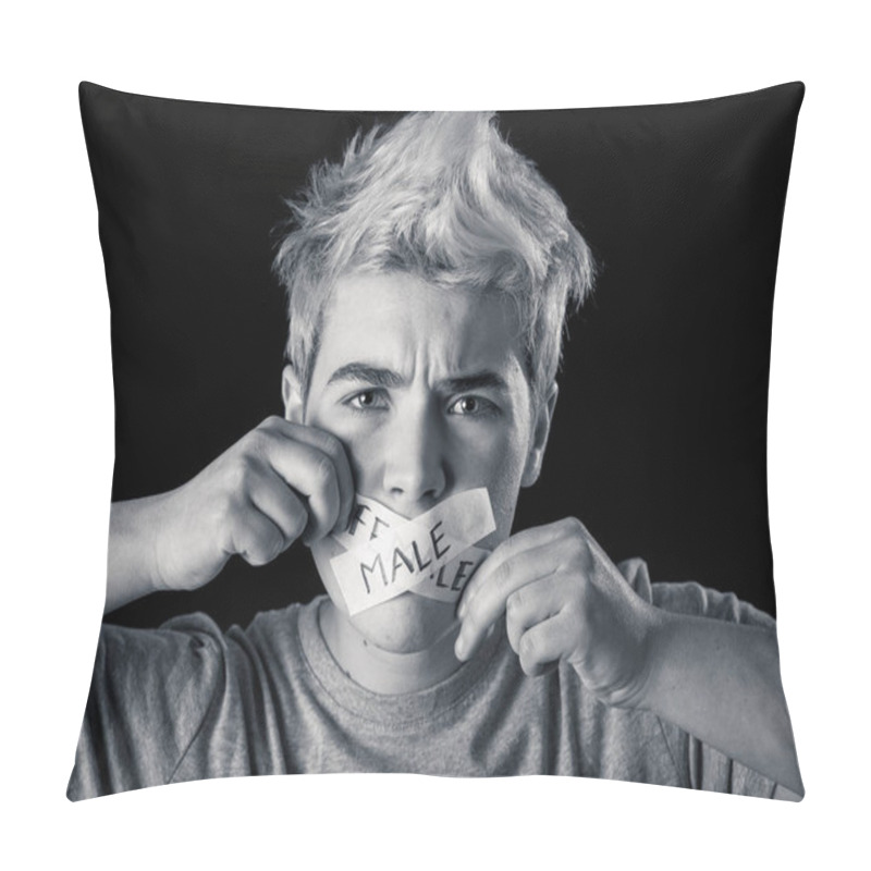 Personality  Transgender Teenager With Mouth Sealed On Tape With Words Male And Female Written In Social Taboo Of Gender Diversity Concept. Trans Boy Not Able To Communicate Or Be Free To Express His Own Identity. Pillow Covers