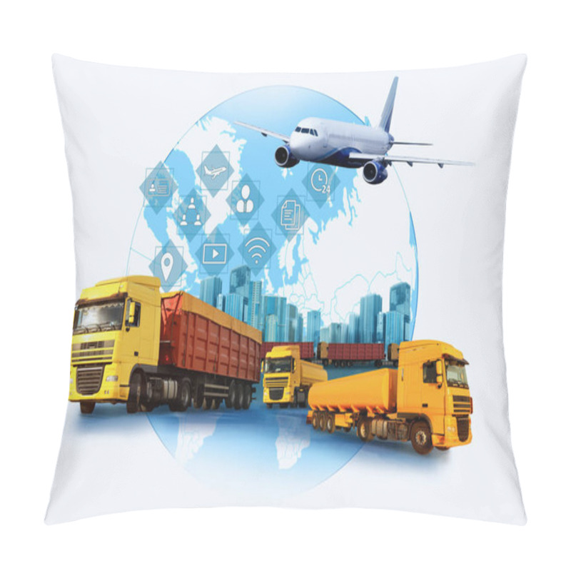 Personality  Logistics Concept. Multiple Exposure Of Different Transports And World Globe  Pillow Covers