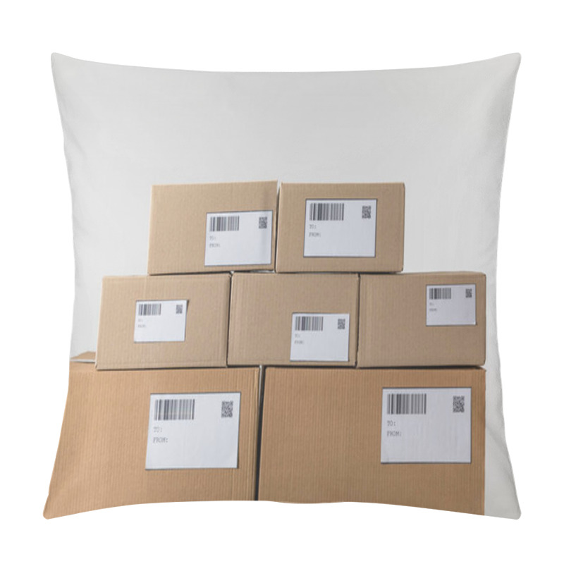 Personality  Cardboard Packages With Barcodes And Qr Codes On Cards Isolated On Grey Pillow Covers