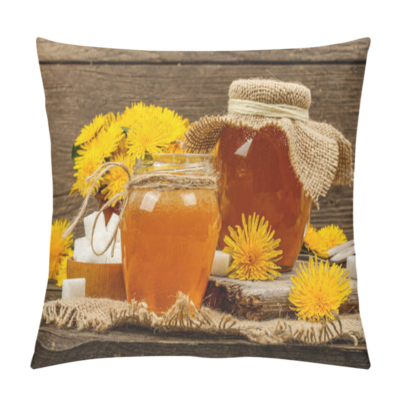 Personality  Dandelion Jam Or Honey In The Glass Jar With A Bouquet Of Fresh Blooming Dandelion Flowers. Seasonal Product, Rustic Style, Wooden Background, Close Up Pillow Covers