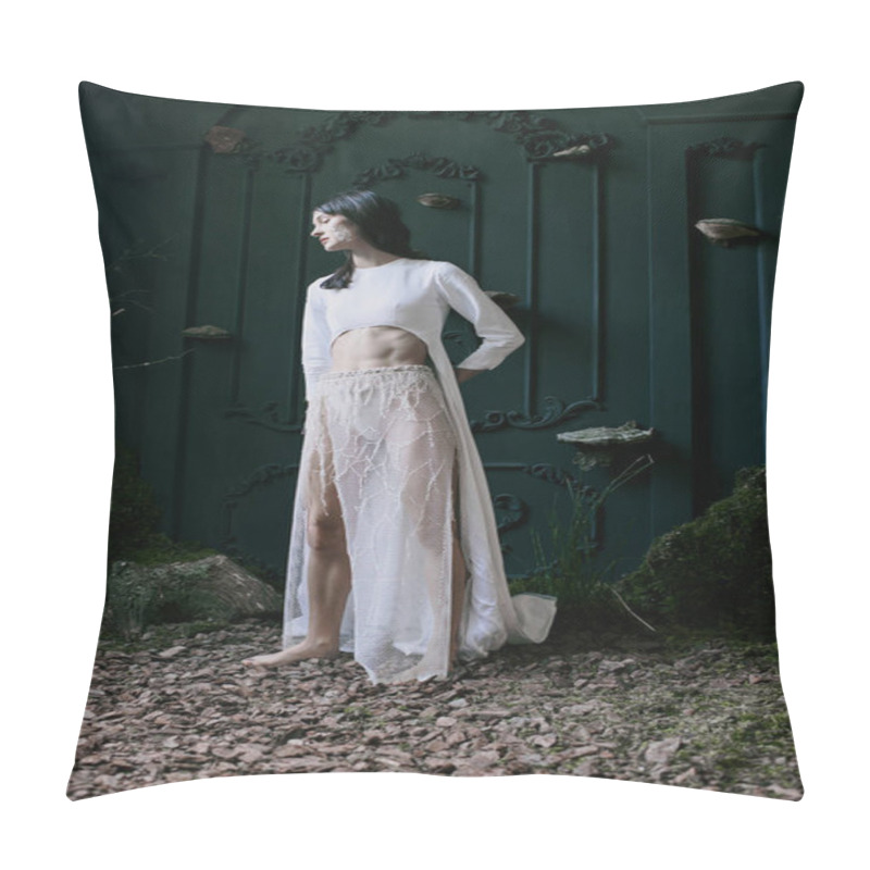 Personality  Woman In White Gown Stands On Ground. Pillow Covers